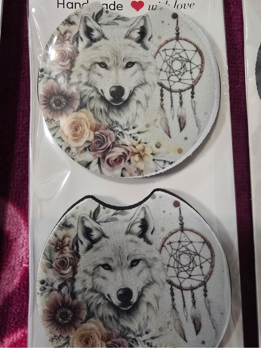Wolf & Dreamcatcher Floral Car Coasters - Neutral Tones